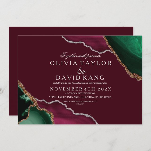  Modern Burgundy & Green Agate Wedding Invitation (Front/Back)
