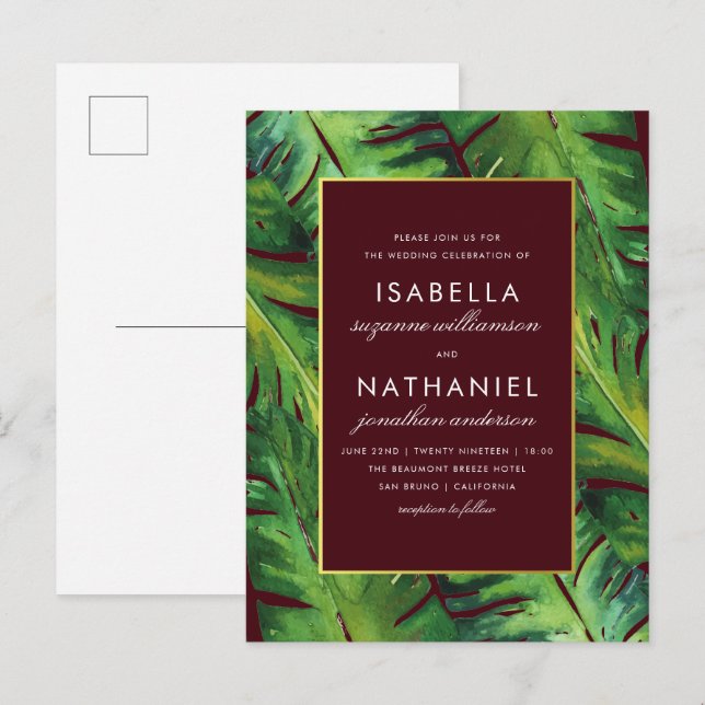 Modern Burgundy & Green Tropical Leaves Wedding Invitation Postcard (Front/Back)