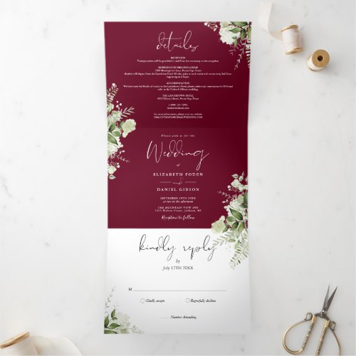 Modern Burgundy Greenery Floral Photo Wedding Tri_Fold Invitation