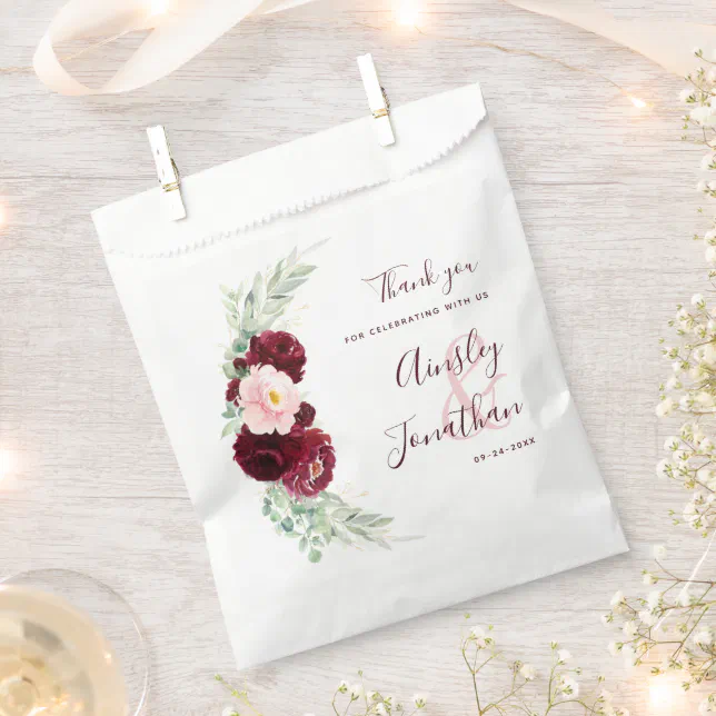 Modern Burgundy Greenery Floral Thank You Wedding Favor Bag | Zazzle