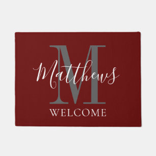 Modern Burgundy Grey Monogram Newlyweds Wedding Doormat