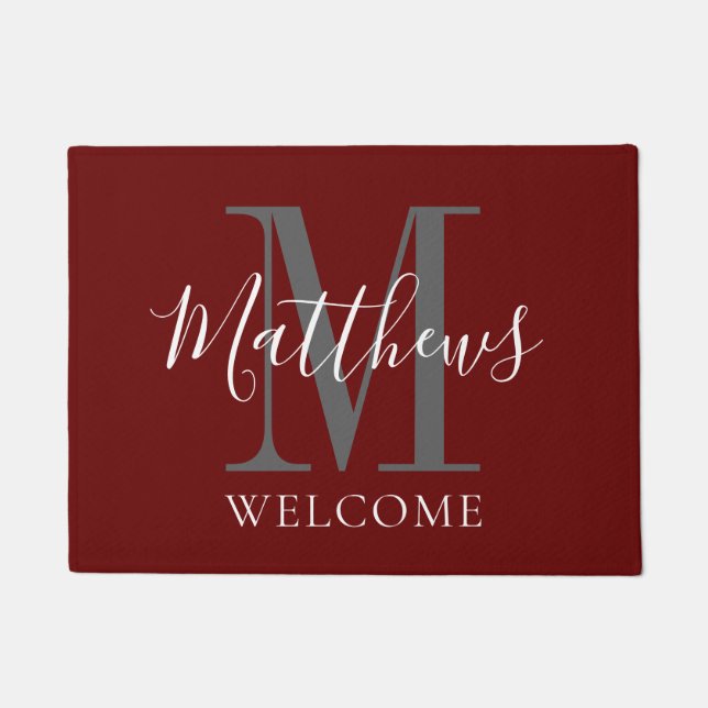 Modern Burgundy Grey Monogram Newlyweds Wedding Doormat (Front)