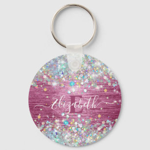 Modern Burgundy Holographic Faux Glitter Monogram Keychain