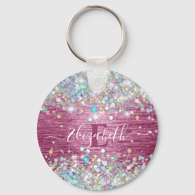 Modern Burgundy Holographic Faux Glitter Monogram Keychain (Front)