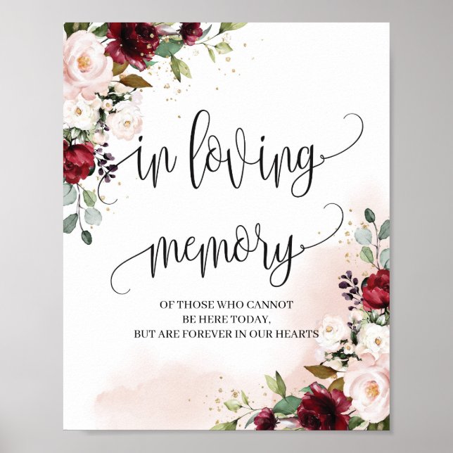 Modern burgundy in loving memory wedding sign (Front)