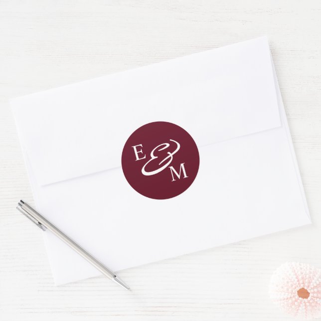 Modern Burgundy Initials Wedding  Classic Round Sticker (Envelope)