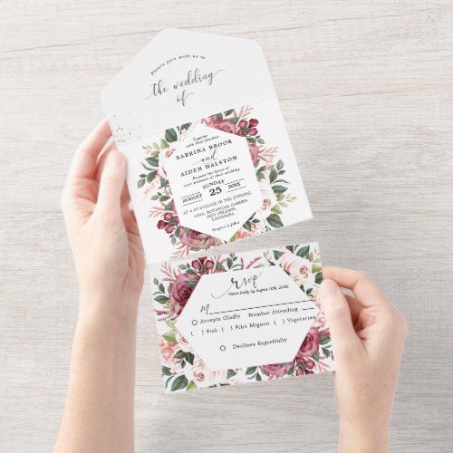 Modern Burgundy Ivory Cream Pink Floral All In One Invitation