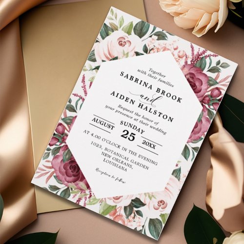 Modern Burgundy Ivory Cream Pink Floral Wedding Invitation