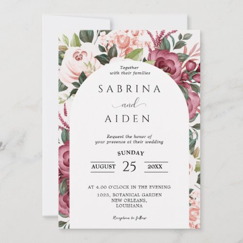 Modern Burgundy Ivory Cream Pink Floral Wedding Invitation