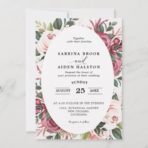 Modern Burgundy Ivory Cream Pink Floral Wedding Invitation