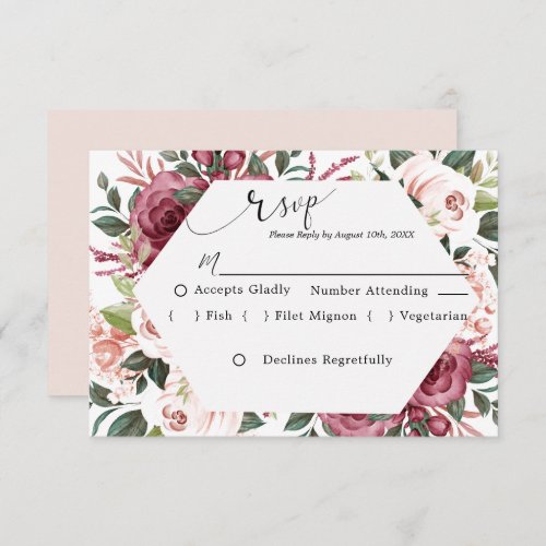Modern Burgundy Ivory Cream Pink Floral Wedding  RSVP Card