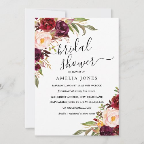 Modern Burgundy Ivory Floral Bridal Shower Invitation