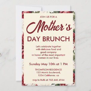 Modern Burgundy Ivory Floral Mother's Day Brunch Invitation