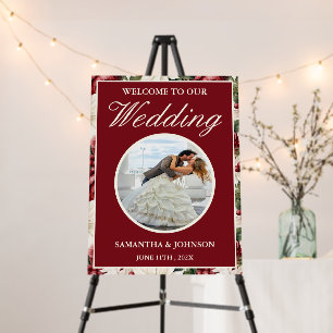 Modern Burgundy Ivory Floral Photo Wedding Welcome Foam Board