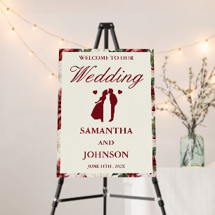Modern Burgundy Ivory Floral Wedding Welcome Sign
