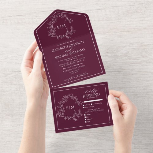 Modern Burgundy Leafy Crest Monogram Wedding All In One Invitation - We're loving this trendy, modern burgundy All-in-one Simple, elegant, and oh-so-pretty, it features a hand drawn leafy wreath encircling a modern wedding monogram. It is personalized in elegant typography, and accented with hand-lettered calligraphy. Finally, it is trimmed in a delicate frame. To remove meal choices in the RSVP section, we have created a how-to video for you here: https://youtu.be/ZGpeldQgxoE. Part of a matching wedding set. Veiw suite here: 
https://www.zazzle.com/collections/burgundy_leafy_crest_monogram_wedding-119160969675221295 Contact designer for matching products to complete the suite, OR for color variations of this design. Thank you sooo much for supporting our small business, we really appreciate it! 
We are so happy you love this design as much as we do, and would love to invite
you to be part of our new private Facebook group Wedding Planning Tips for Busy Brides. 
Join to receive the latest on sales, new releases and more! 
https://www.facebook.com/groups/622298402544171  
Copyright Anastasia Surridge for Elegant Invites, all rights reserved.