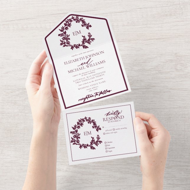 Modern Burgundy Leafy Crest Monogram Wedding All In One Invitation (Tearaway)