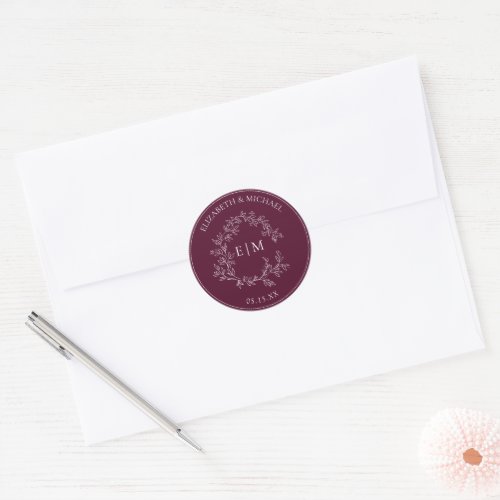 Modern Burgundy Leafy Crest Monogram Wedding Classic Round Sticker