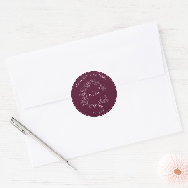 Modern Burgundy Leafy Crest Monogram Wedding Classic Round Sticker (Envelope)