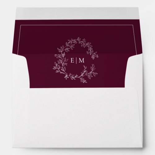 Modern Burgundy Leafy Crest Monogram Wedding Envelope