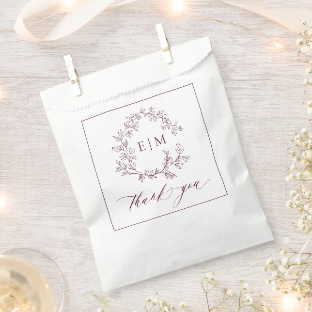Modern Burgundy Leafy Crest Monogram Wedding Favor Bag (Clipped)