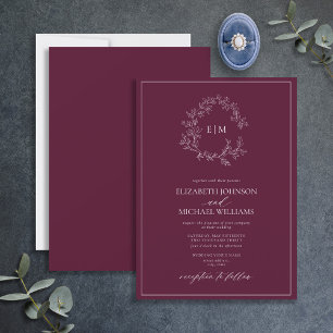 Modern Burgundy Leafy Crest Monogram Wedding Invitation