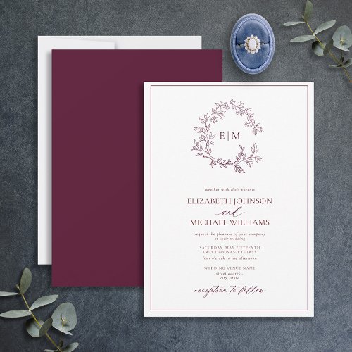 Modern Burgundy Leafy Crest Monogram Wedding Invitation