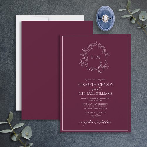 Modern Burgundy Leafy Crest Monogram Wedding Invitation