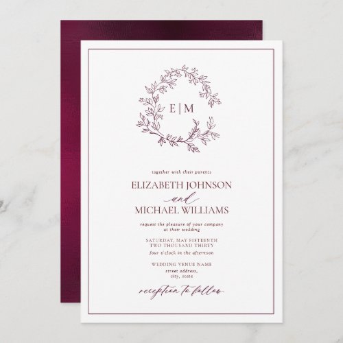 Modern Burgundy Leafy Crest Monogram Wedding Invitation - We're loving this trendy, modern burgundy wedding invitation! Simple, elegant, and oh-so-pretty, it features a hand drawn leafy wreath encircling a modern wedding monogram. It is personalized in elegant typography, and accented with hand-lettered calligraphy. Finally, it is trimmed in a delicate frame. Veiw suite here: 
https://www.zazzle.com/collections/burgundy_leafy_crest_monogram_wedding-119160969675221295 Contact designer for matching products to complete the suite, OR for color variations of this design. Thank you sooo much for supporting our small business, we really appreciate it! 
We are so happy you love this design as much as we do, and would love to invite
you to be part of our new private Facebook group Wedding Planning Tips for Busy Brides. 
Join to receive the latest on sales, new releases and more! 
https://www.facebook.com/groups/622298402544171  
Copyright Anastasia Surridge for Elegant Invites, all rights reserved.