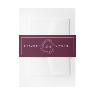 Modern Burgundy Leafy Crest Monogram Wedding Invitation Belly Band