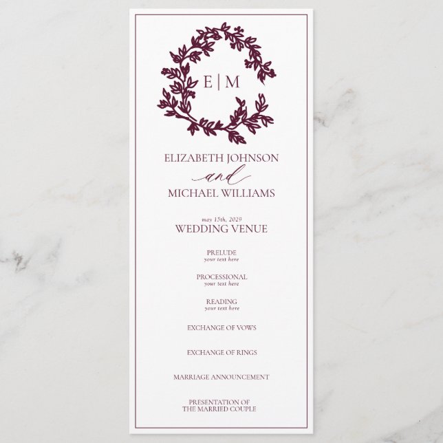 Modern Burgundy Leafy Crest Monogram Wedding Program (Front)