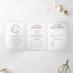 Modern Burgundy Leafy Crest Monogram Wedding Tri-Fold Invitation