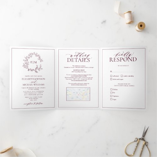 Modern Burgundy Leafy Crest Monogram Wedding Tri-Fold Invitation - We're loving this trendy, modern burgundy Trifold invitation simple, elegant, and oh-so-pretty, it features a hand drawn leafy wreath encircling a modern wedding monogram. It is personalized in elegant typography, and accented with hand-lettered calligraphy. Finally, it is trimmed in a delicate frame. To remove meal choices in the RSVP section, we have created a how-to video for you here: https://youtu.be/ZGpeldQgxoE. A Wedding Details contains extra details like, driving directions, reception information, hotel information, etc. This can also include your wedding website including provision for a map (via screen capture) has been included, and even your favorite engagement photo on the back! Veiw suite here: 
https://www.zazzle.com/collections/burgundy_leafy_crest_monogram_wedding-119160969675221295 Contact designer for matching products to complete the suite, OR for color variations of this design. Thank you sooo much for supporting our small business, we really appreciate it! 
We are so happy you love this design as much as we do, and would love to invite
you to be part of our new private Facebook group Wedding Planning Tips for Busy Brides. 
Join to receive the latest on sales, new releases and more! 
https://www.facebook.com/groups/622298402544171  
Copyright Anastasia Surridge for Elegant Invites, all rights reserved.