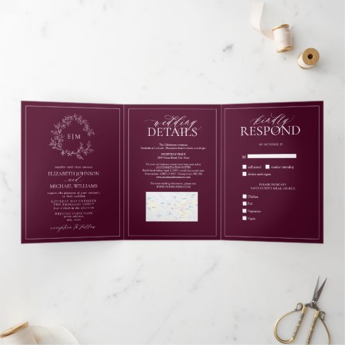Modern Burgundy Leafy Crest Monogram Wedding Tri-Fold Invitation - We're loving this trendy, modern burgundy Trifold invitation simple, elegant, and oh-so-pretty, it features a hand drawn leafy wreath encircling a modern wedding monogram. It is personalized in elegant typography, and accented with hand-lettered calligraphy. Finally, it is trimmed in a delicate frame. To remove meal choices in the RSVP section, we have created a how-to video for you here: https://youtu.be/ZGpeldQgxoE. A Wedding Details contains extra details like, driving directions, reception information, hotel information, etc. This can also include your wedding website including provision for a map (via screen capture) has been included, and even your favorite engagement photo on the back! Veiw suite here: 
https://www.zazzle.com/collections/burgundy_leafy_crest_monogram_wedding-119160969675221295 Contact designer for matching products to complete the suite, OR for color variations of this design. Thank you sooo much for supporting our small business, we really appreciate it! 
We are so happy you love this design as much as we do, and would love to invite
you to be part of our new private Facebook group Wedding Planning Tips for Busy Brides. 
Join to receive the latest on sales, new releases and more! 
https://www.facebook.com/groups/622298402544171  
Copyright Anastasia Surridge for Elegant Invites, all rights reserved.