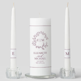 Modern Burgundy Leafy Crest Monogram Wedding Unity Candle Set