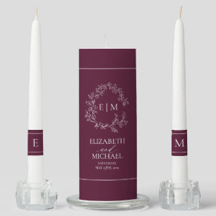 Modern Burgundy Leafy Crest Monogram Wedding Unity Candle Set