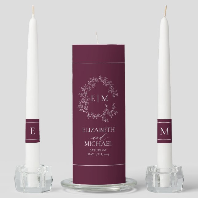 Modern Burgundy Leafy Crest Monogram Wedding Unity Candle Set (Front)