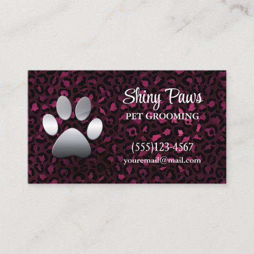 Modern Burgundy Leopard Print Dog Paw Pet Grooming Business Card