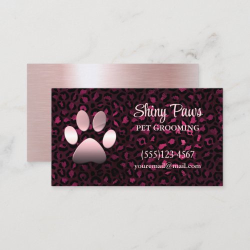 Modern Burgundy Leopard Print Dog Paw Pet Grooming Business Card