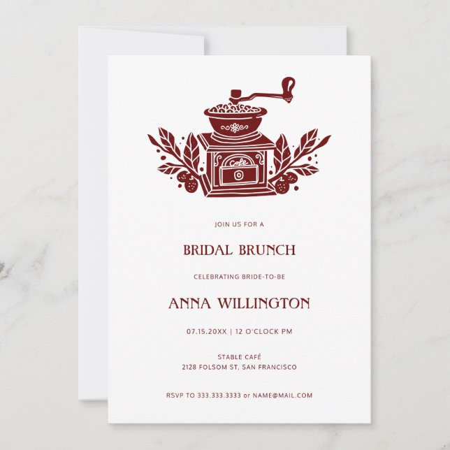 Modern Burgundy Linocut Bridal Shower Brunch Invitation (Front)