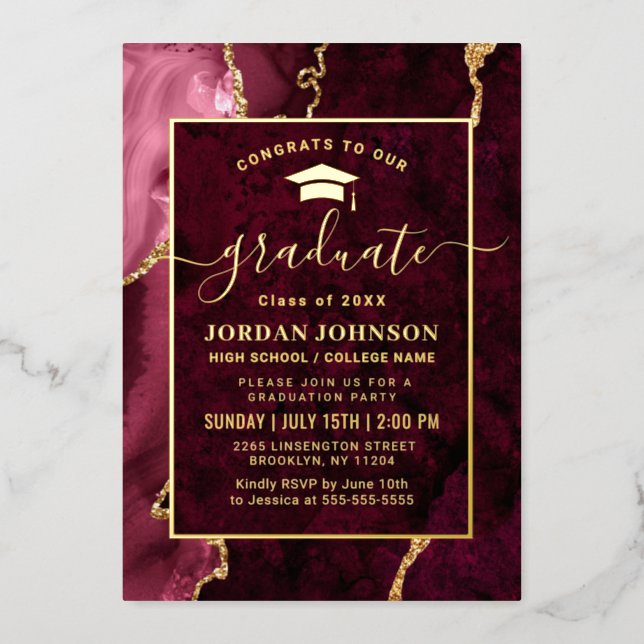 Modern Burgundy Marble Graduation Party Gold Foil Invitation (Front)