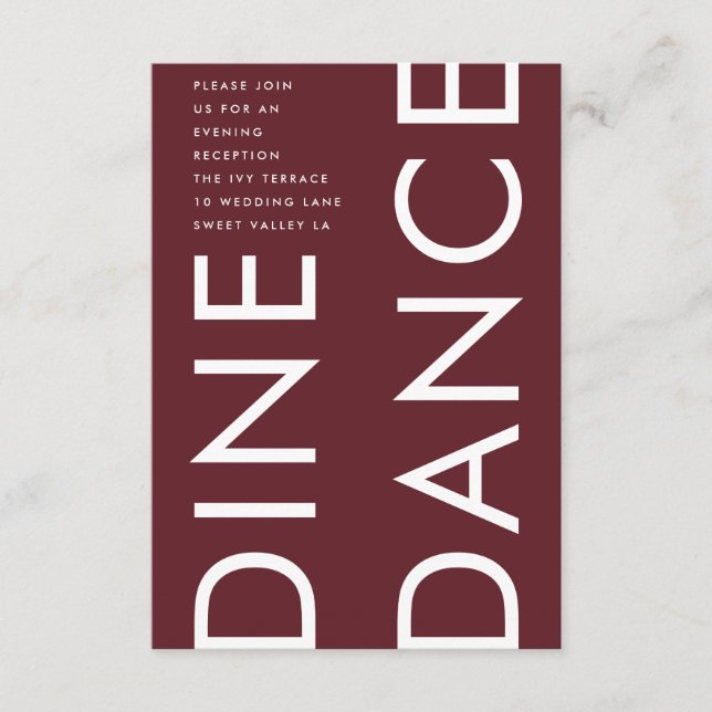 Modern Burgundy Maroon Monogram DINE DANCE Wedding Enclosure Card (Front)