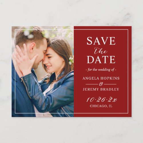 Modern Burgundy Maroon Red Photo Save the Date Postcard