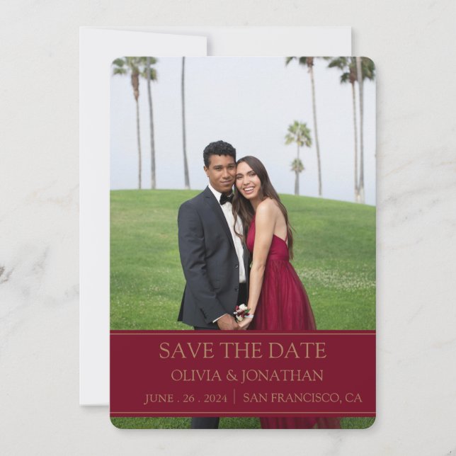 Modern Burgundy maroon Wedding photo Save The Date (Front)