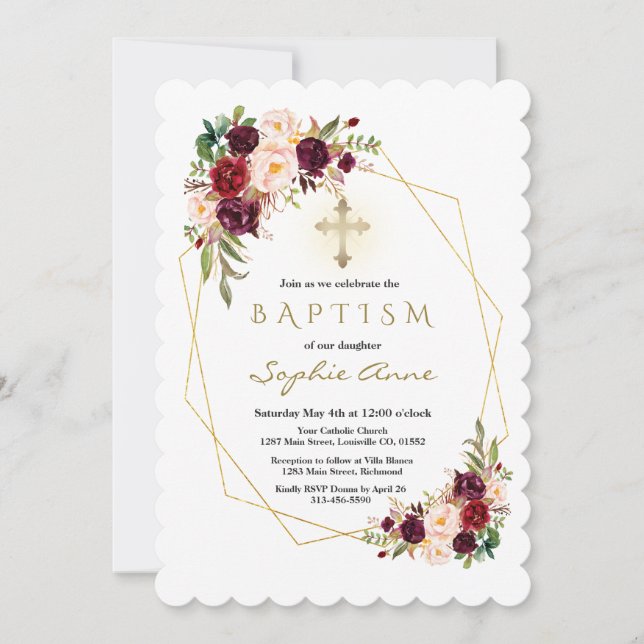Modern Burgundy Marsala Floral Gold Cross Baptism Invitation (Front)