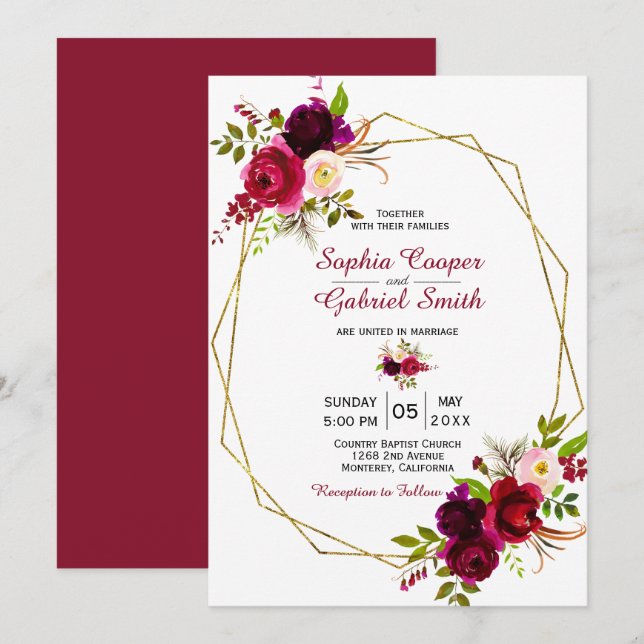 Modern Burgundy Marsala Floral Gold Frame Wedding Invitation (Front/Back)