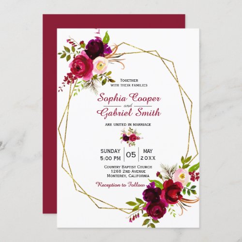 Modern Burgundy Marsala Floral Gold Frame Wedding Invitation