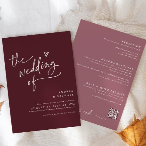 Modern Burgundy  Merlot Handwriting Heart Wedding Invitation