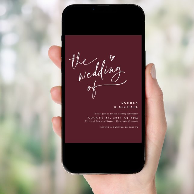 Modern Burgundy / Merlot Handwriting Heart Wedding Invitation (Front Digital)