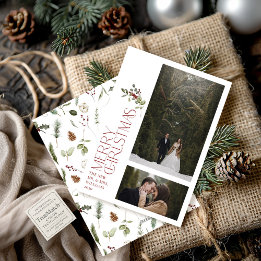 Modern Burgundy Merry Christmas Typography 2 Photo Holiday Card